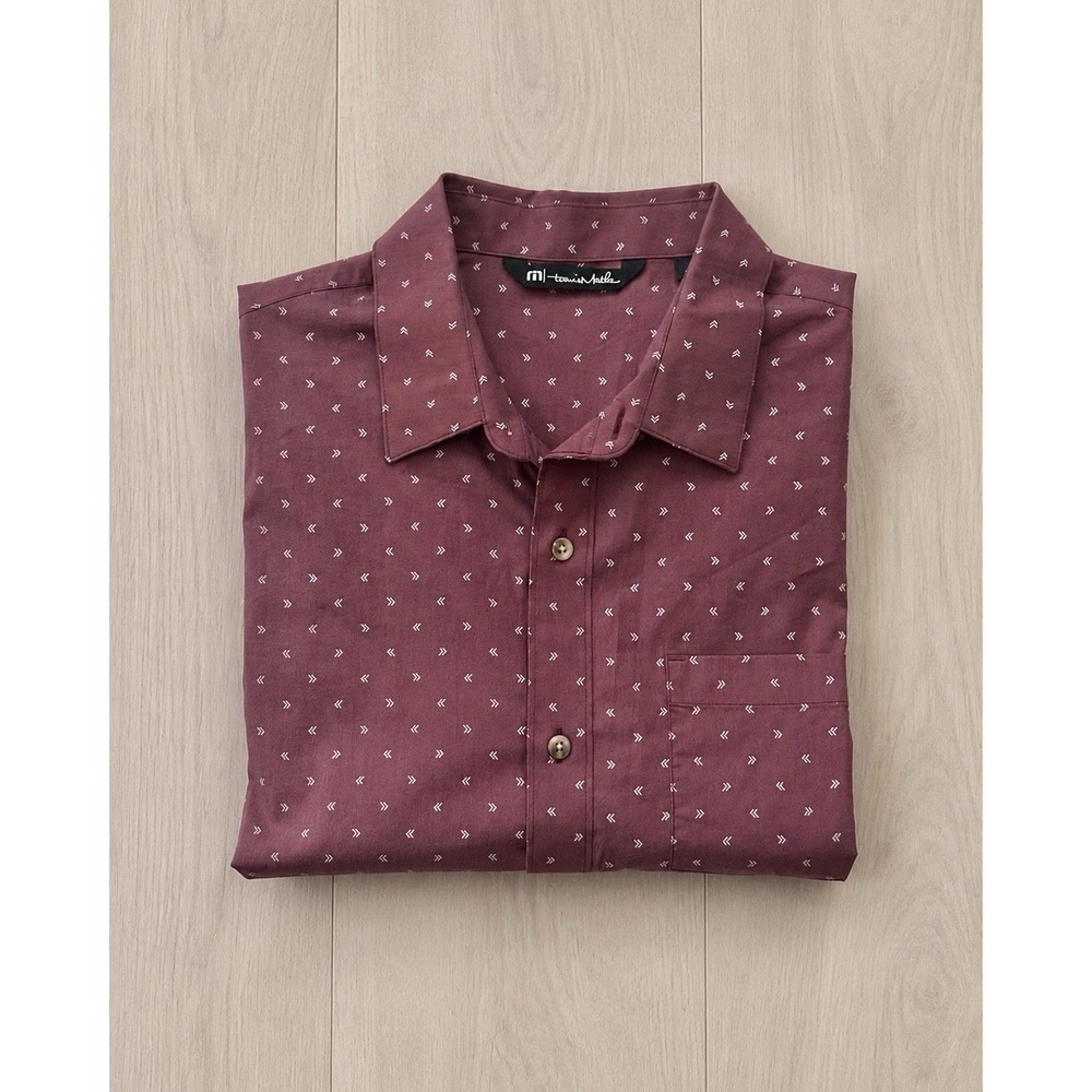 TravisMathew Men's L Burgundy Arrow Print Button-Up Shirt Short Sleeve Golf